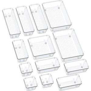Drawer Organizers 13 Piece Clear Non Slip Desk Bathroom Makeup Utensil Trays
